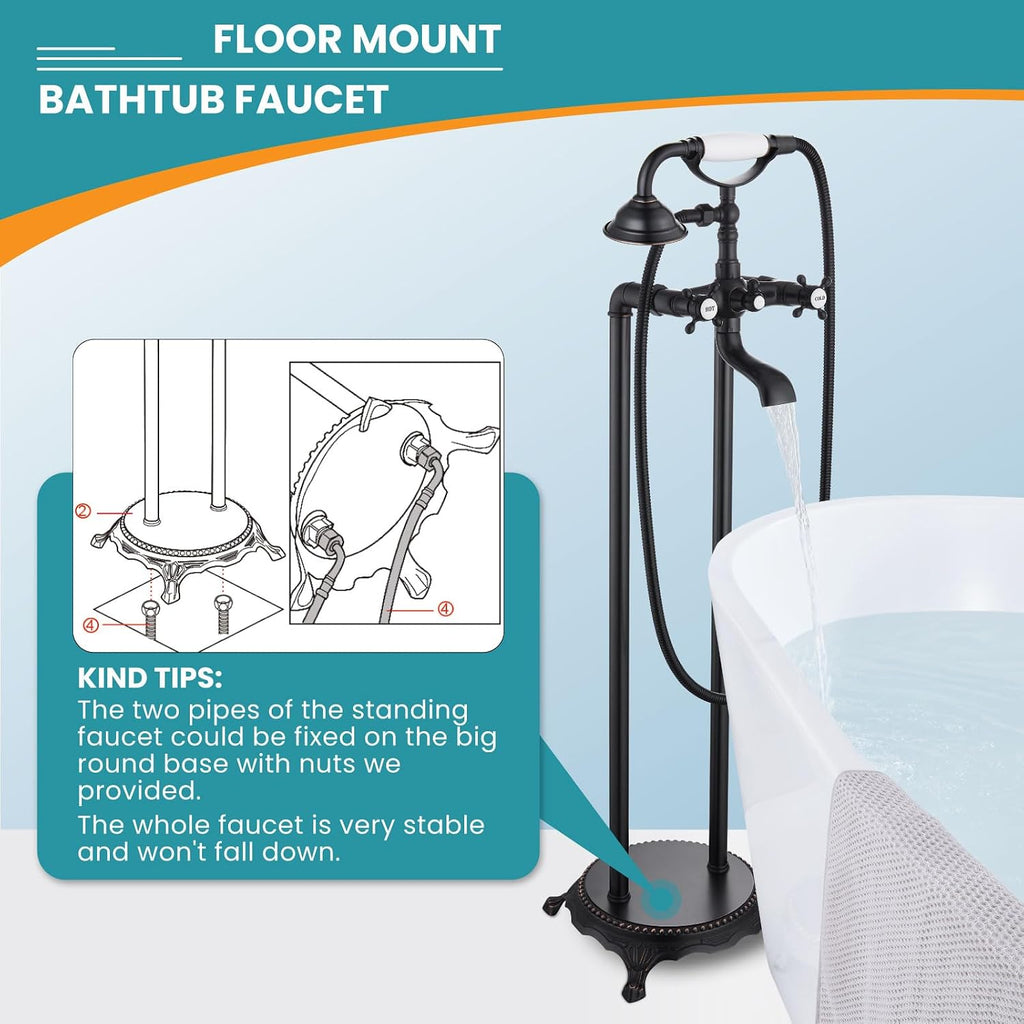 gotonovo Freestanding Bathtub Faucet Floor Mount Tub Filler with Double Cross Knobs 360° Rotation Spout High Flow Floor Standing Bathtub Shower Trumpet Shape Handheld Spray Oil Rubbed Bronze