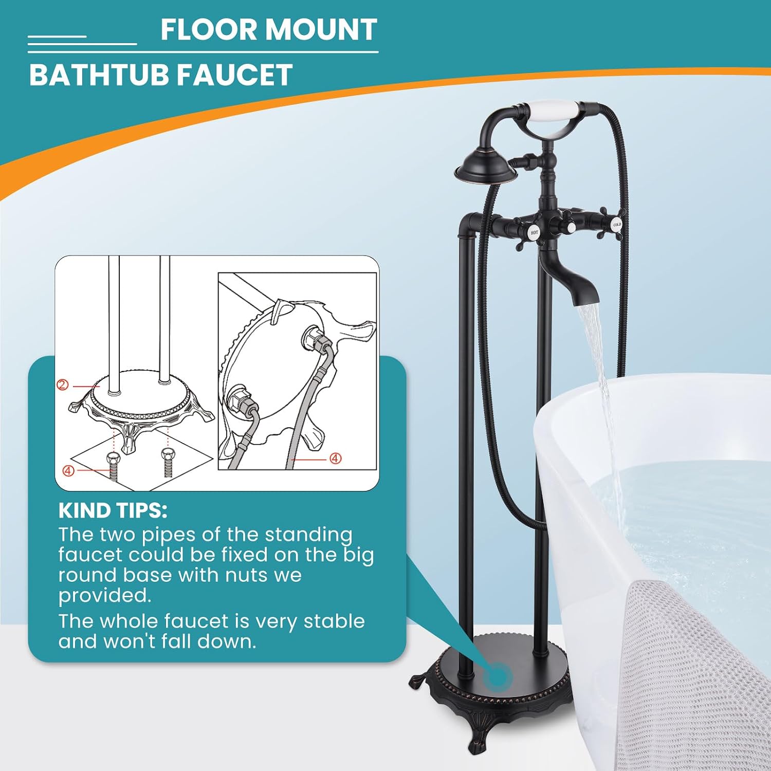 gotonovo Freestanding Bathtub Faucet Floor Mount Tub Filler with Double Cross Knobs 360° Rotation Spout High Flow Floor Standing Bathtub Shower Trumpet Shape Handheld Spray Oil Rubbed Bronze