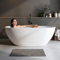 55″ Freestanding Solid Surface Bathtub, Oval Thick Edge Matte White Stone Resin Stand Alone Soaking Tub, Ergonomic Free standing Flatbottom Tubs with Overflow, Pop-up Drain (Matte White, 55')