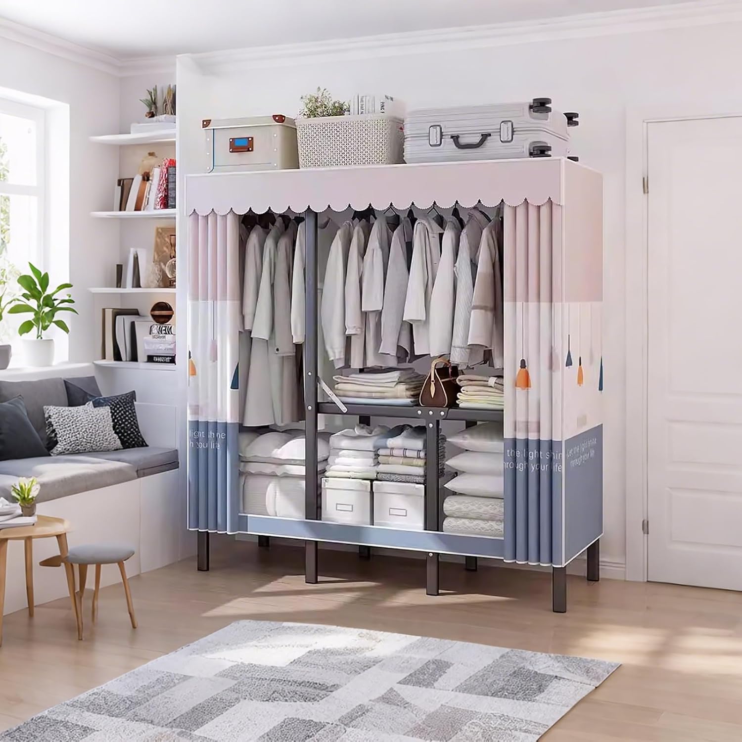 67 in Heavy Duty Wardrobe Foldable with Cover, Clothes Rack for Hanging Clothes Portable Closet Garment Racks for Bedroom(Pink,51.2x17.7x66.9in)