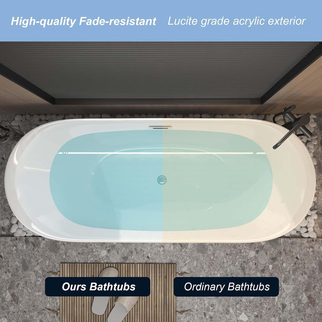 59' Acrylic Freestanding Bathtub White, Oval Shape Soaking Tub with Pop-up Chrome Drain, Free Standing Bathtubs CUPC Certified
