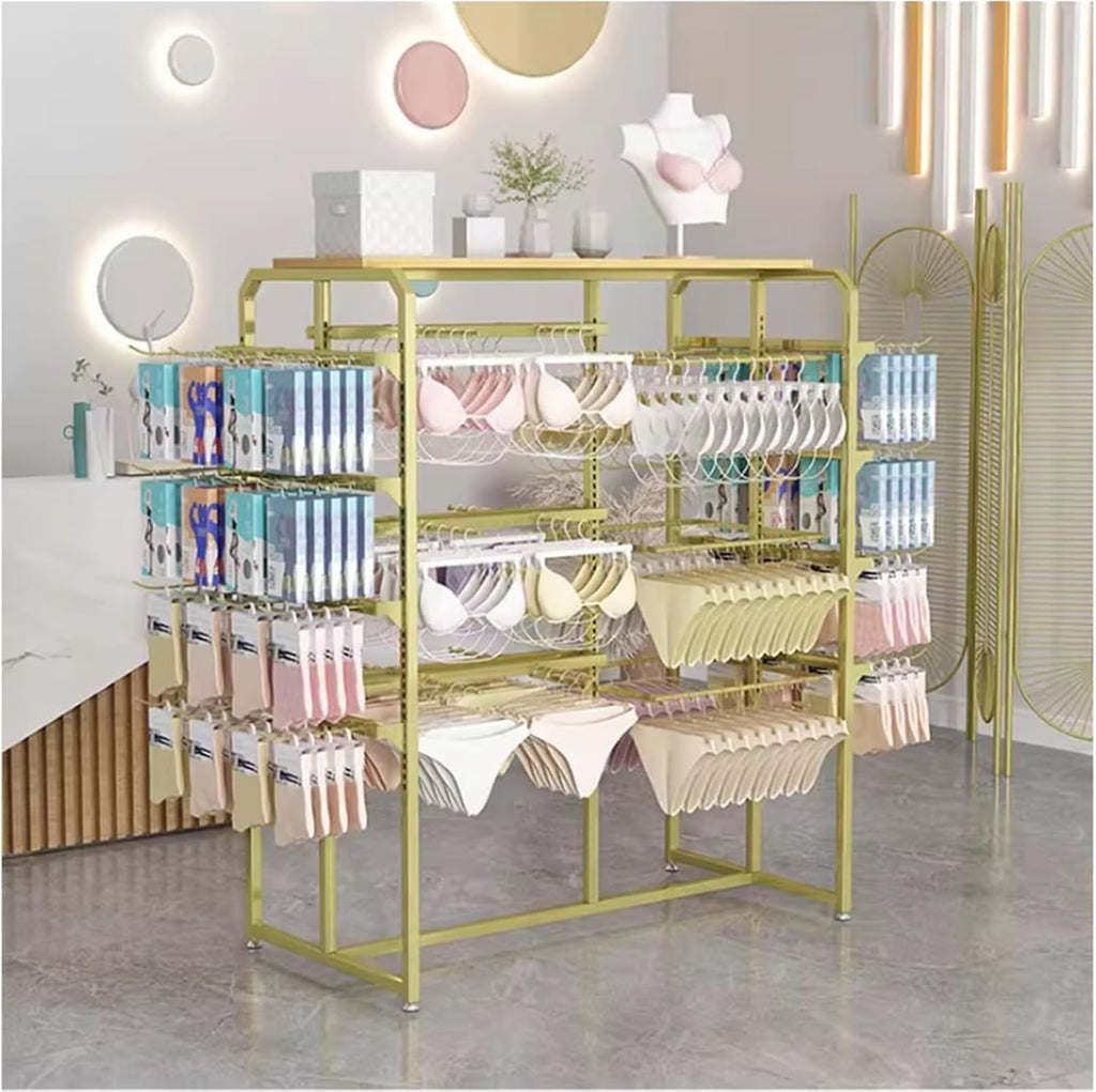 Metal Retail Organizer Clothing Store Shelf, Heavy-duty, Commercial Lingerie Garment Rack, Underwear Sock Display Stand, for Bras, Shorts, Hats, 100 * 45 * 135cm(Gold)
