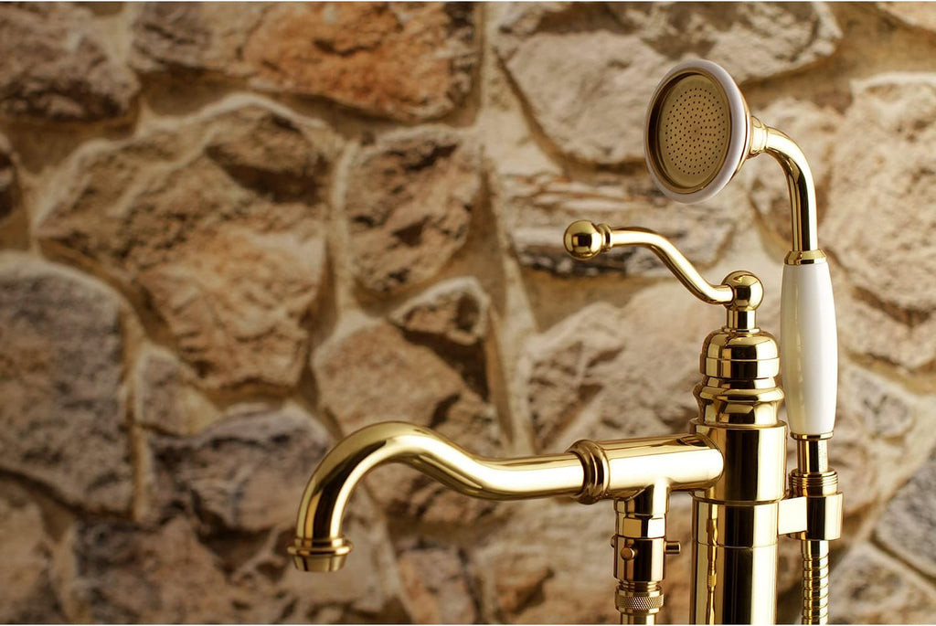 Kingston Brass KS7132ABL English Country Freestanding Tub Faucet with Hand Shower, Polished Brass