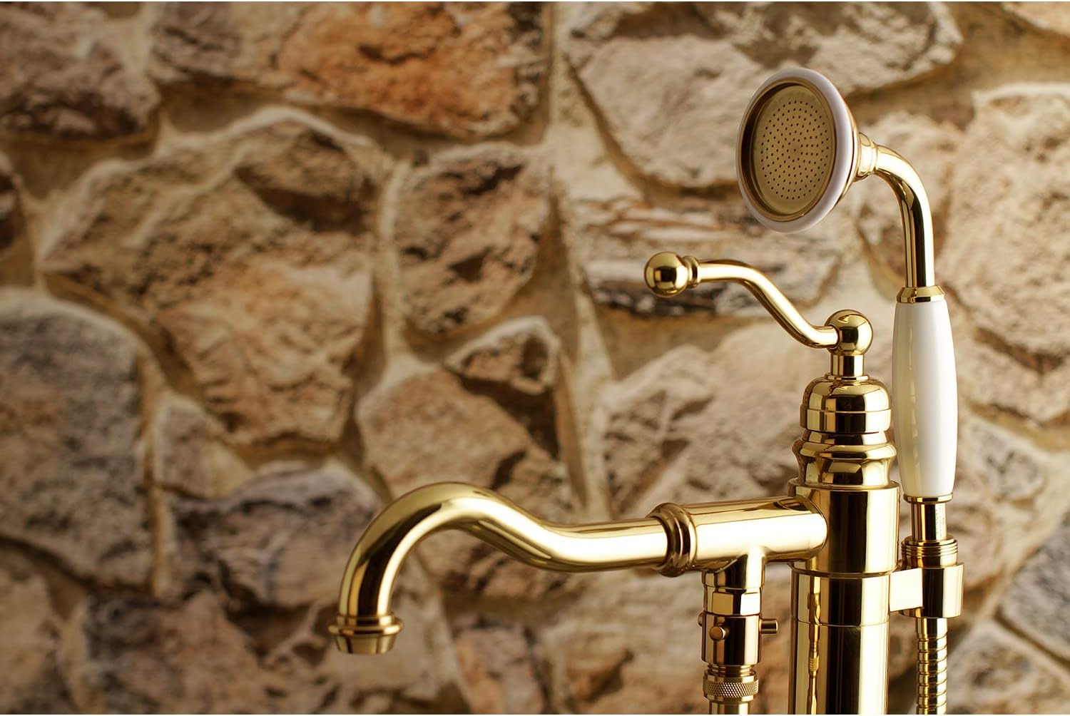 Kingston Brass KS7132ABL English Country Freestanding Tub Faucet with Hand Shower, Polished Brass