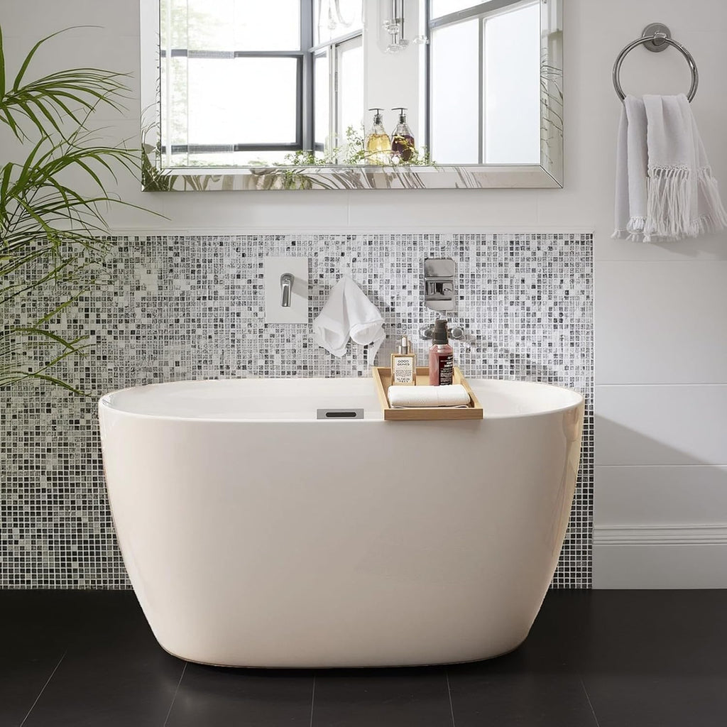 47' Freestanding Bathtub, Acrylic Contemporary Free Standing Tub Oval Shape Soaking Bath Tub with Chrome Overflow & Pop-Up Drain, Gloss White