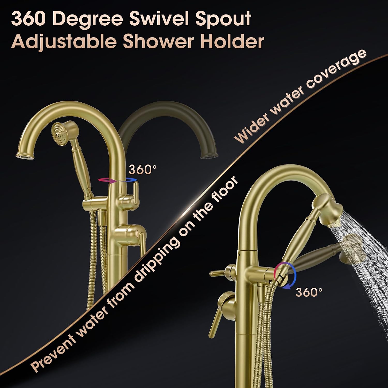 Freestanding Tub Faucets, Brass Freestanding Bathtub Faucet with Hand Shower, Floor Mount Tub Filler with Sprayer Brushed Light Gold（WT-9811BG03）