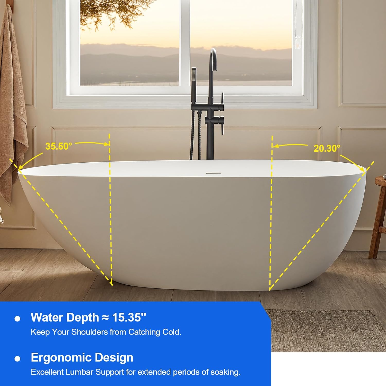 Cpingao 63' Stone Resin Freestanding Bathtub, Oval Solid Surface Contemporary Soaking Tub, Matte White Flatbottom Tubs with Overflow and Pop-up Drain, cUPC Certified 8848-1600