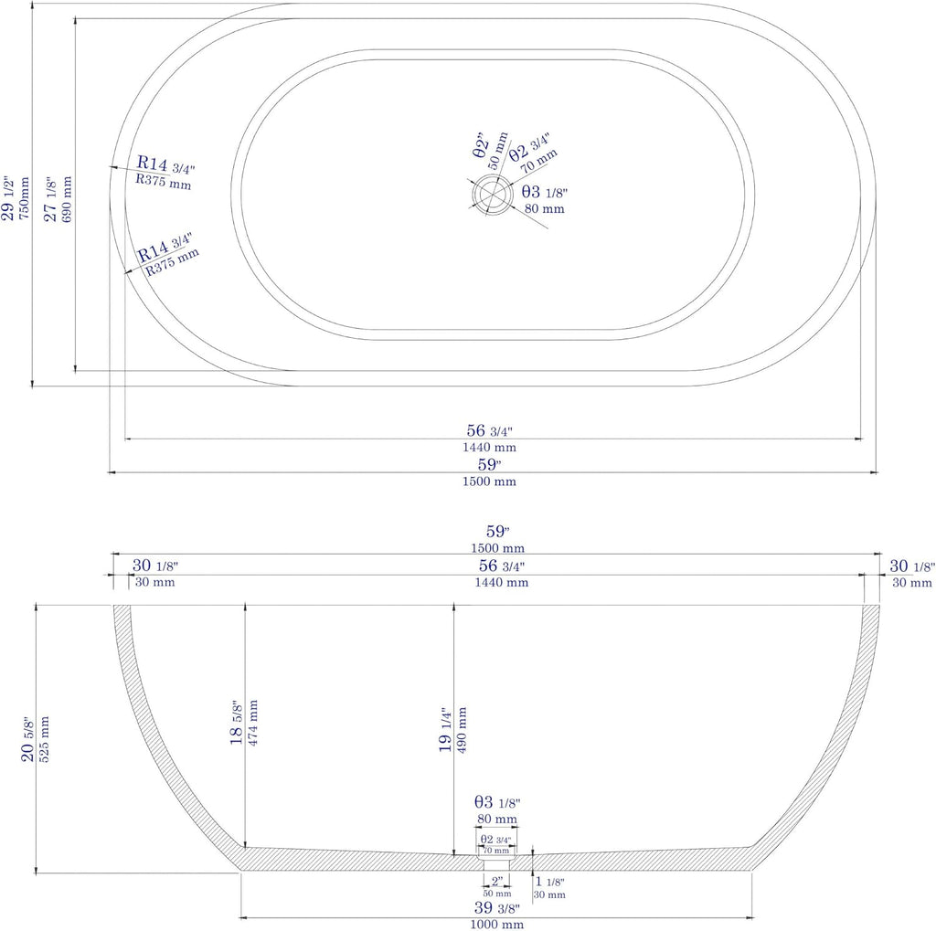 ALFI brand ABCO59TUB 59' Solid Concrete Oval Freestanding Bathtub