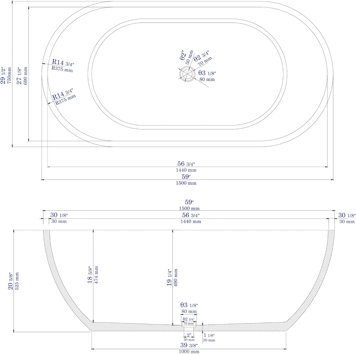 ALFI brand ABCO59TUB 59' Solid Concrete Oval Freestanding Bathtub