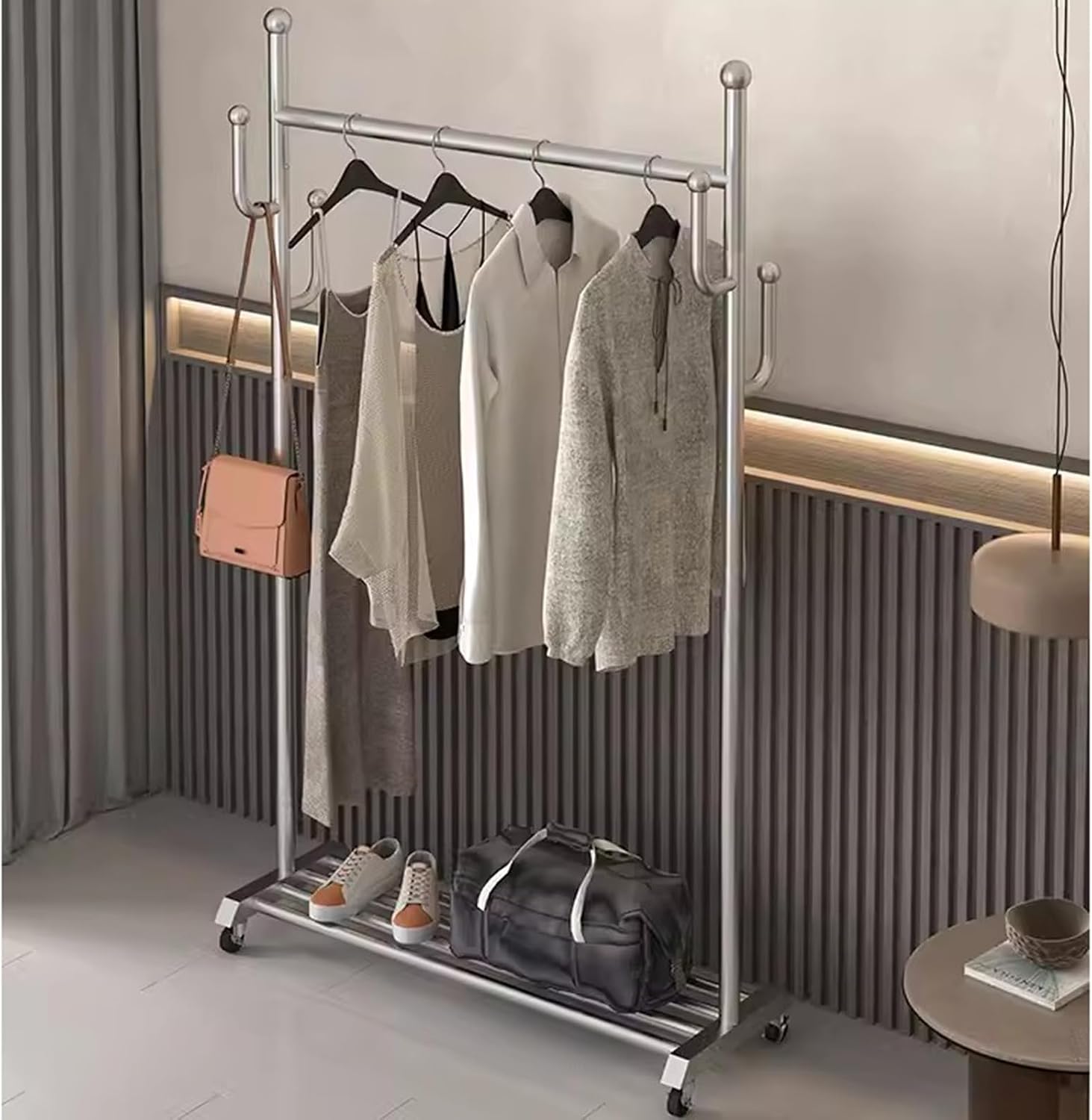 Heavy Duty Coat Rack, Garment Rack Silver Stainless Steel Clothing Rack with Wheels, Rolling Clothes Rack with 6 Hooks and Shelves, Portable Clothes Organizer for Bedroom, Space Saving (100X35X165CM