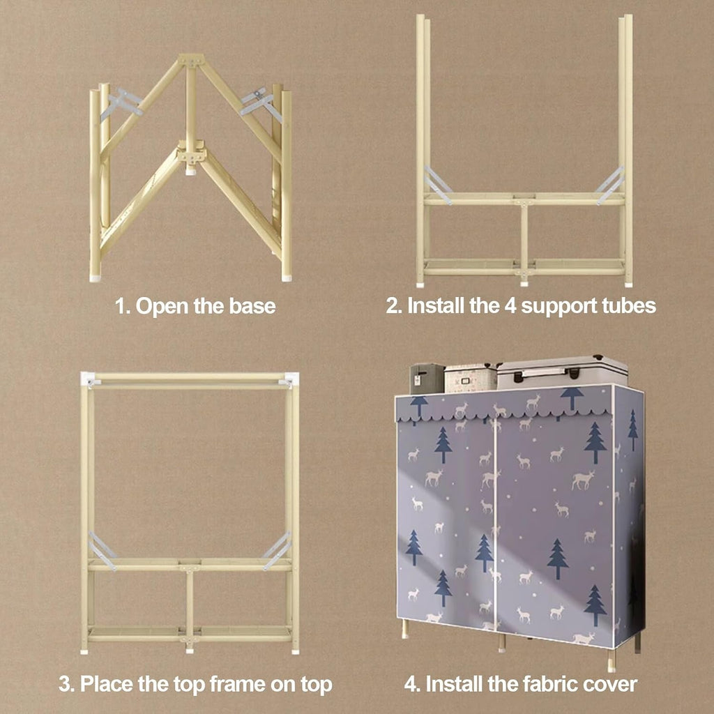 Foldable Wardrobe Closets With Cover, Metal Freestanding Clothing Rack, Portable Garment Rack With Hanging Rods, Quick And Easy To Assembly, For Bedroom(Grid 2,190cm/74.8inch)