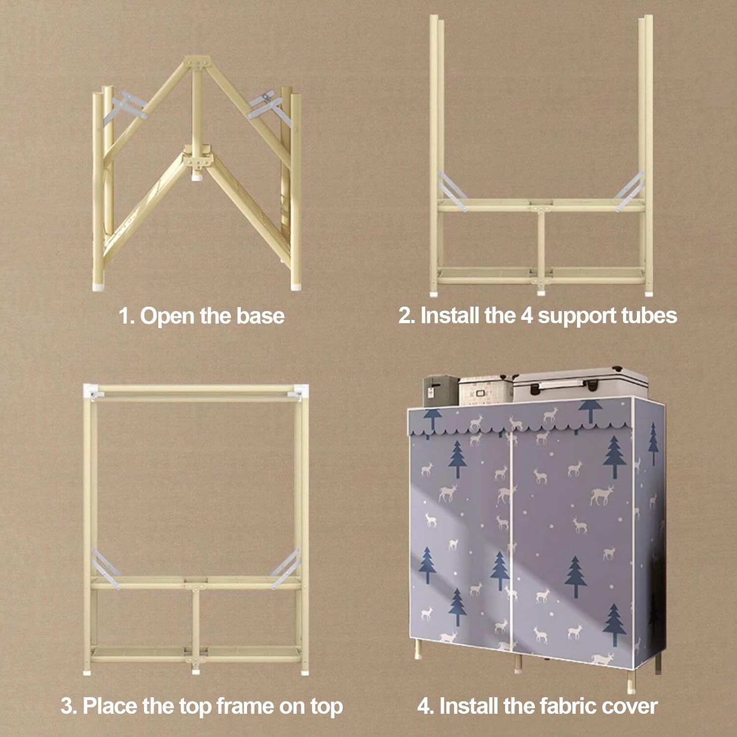 Foldable Wardrobe Closets With Cover, Metal Freestanding Clothing Rack, Portable Garment Rack With Hanging Rods, Quick And Easy To Assembly, For Bedroom(Grid 2,110cm/43.3inch)