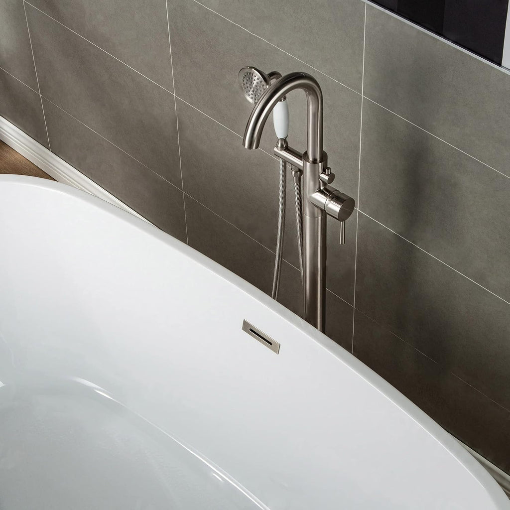 WOODBRIDGE F0001BNVT Fusion Single Handle Floor Mount Freestanding Tub Filler Faucet with Telephone Hand shower in Brushed Nickel Finish