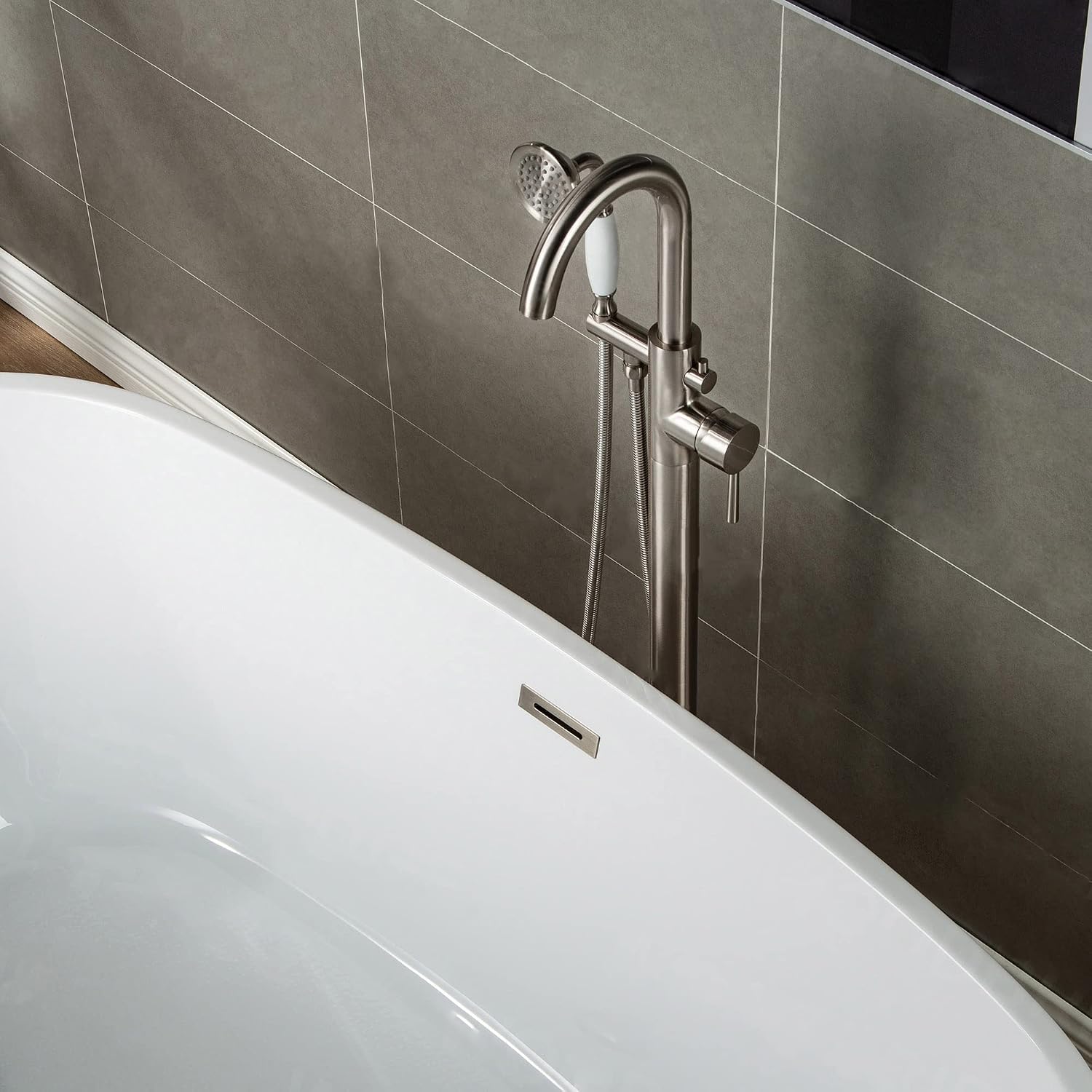 WOODBRIDGE F0001BNVT Fusion Single Handle Floor Mount Freestanding Tub Filler Faucet with Telephone Hand shower in Brushed Nickel Finish