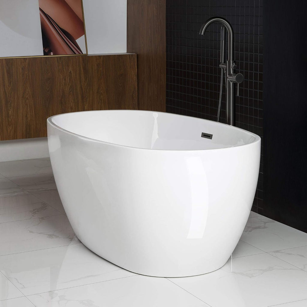 WOODBRIDGE 59'Freestanding White Acylic Soaking Bathtub with Matte Black Drain and Overflow,BTA1518 -MB-Drain &O