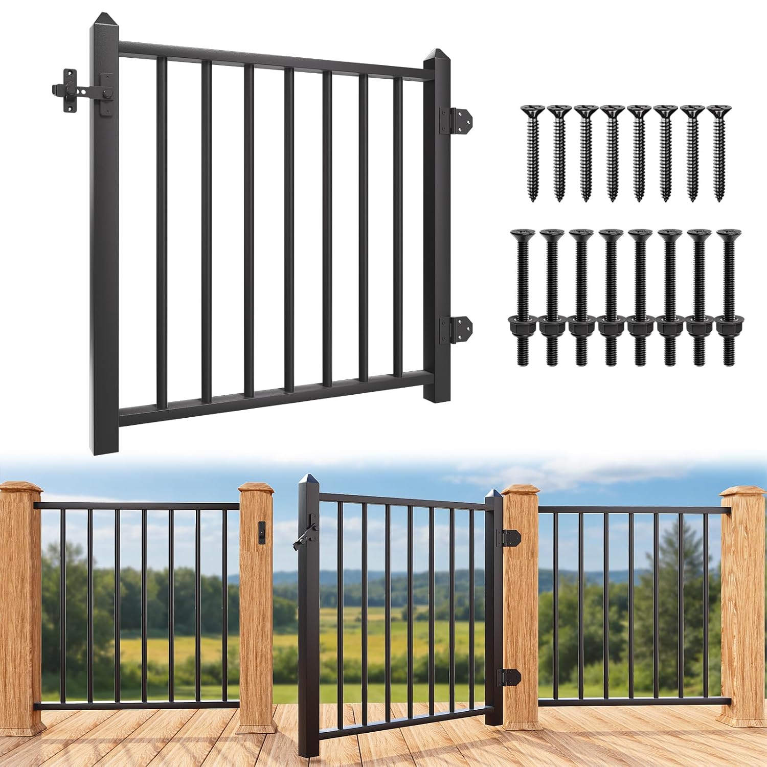Deck Railing Gate Stainless Steel Black Textured Powder-Coat Finish Deck Gate Kit with Latch for Deck,Garden,Yard, Porch,Patio (Black, Left Hand in Swing)