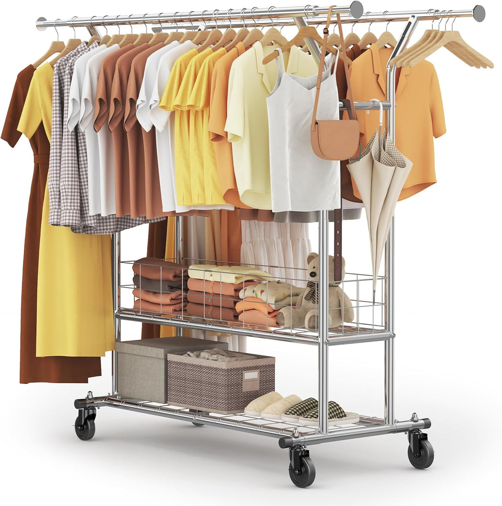 coat stand 113kg Load Capacity Commercial Grade Clothing Garment Rack Heavy Duty Sing Rail Adjustable Collapsible Rolling Clothes Rack on Wheels Chrome Finish