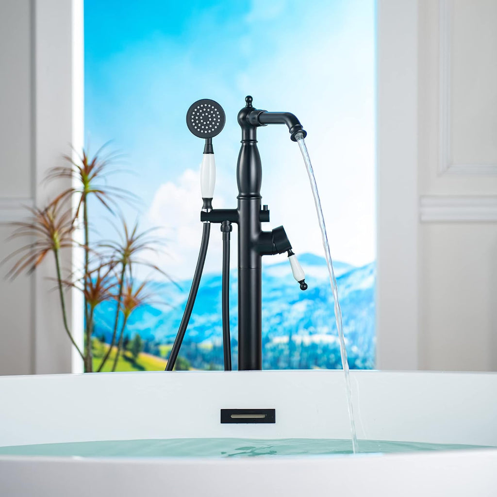 WOODBRIDGE Contemporary Single Handle Floor Mount Freestanding Tub Filler Faucet with Hand Shower in Matte Black Finish