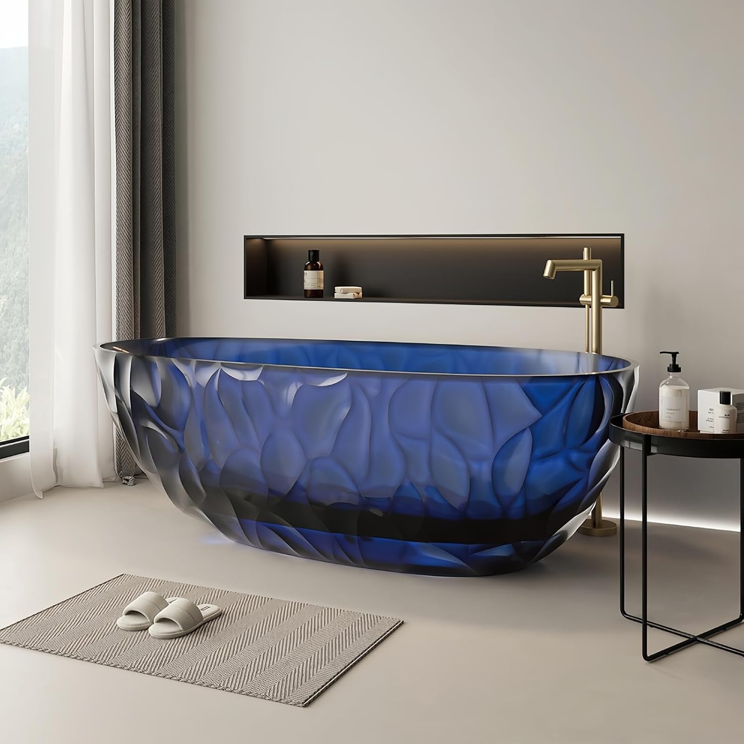 63' Edeyeu Clear Freestanding Bathtub – Designer Solid Surface Bathtub With Ripple Texture, Extra Deep Soaking Tub, Ergonomic Stand Alone Tub For Modern Luxury Bathrooms C