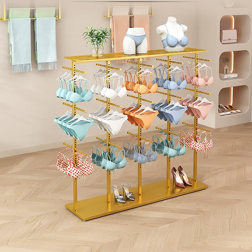 Underwear Display Rack, Coat Rack Stand with Adjustable Shelf Spacing, Freestanding Clothing Store Boutiques Retail Lingerie Garment Racks for Socks Bra Panties(Gold)