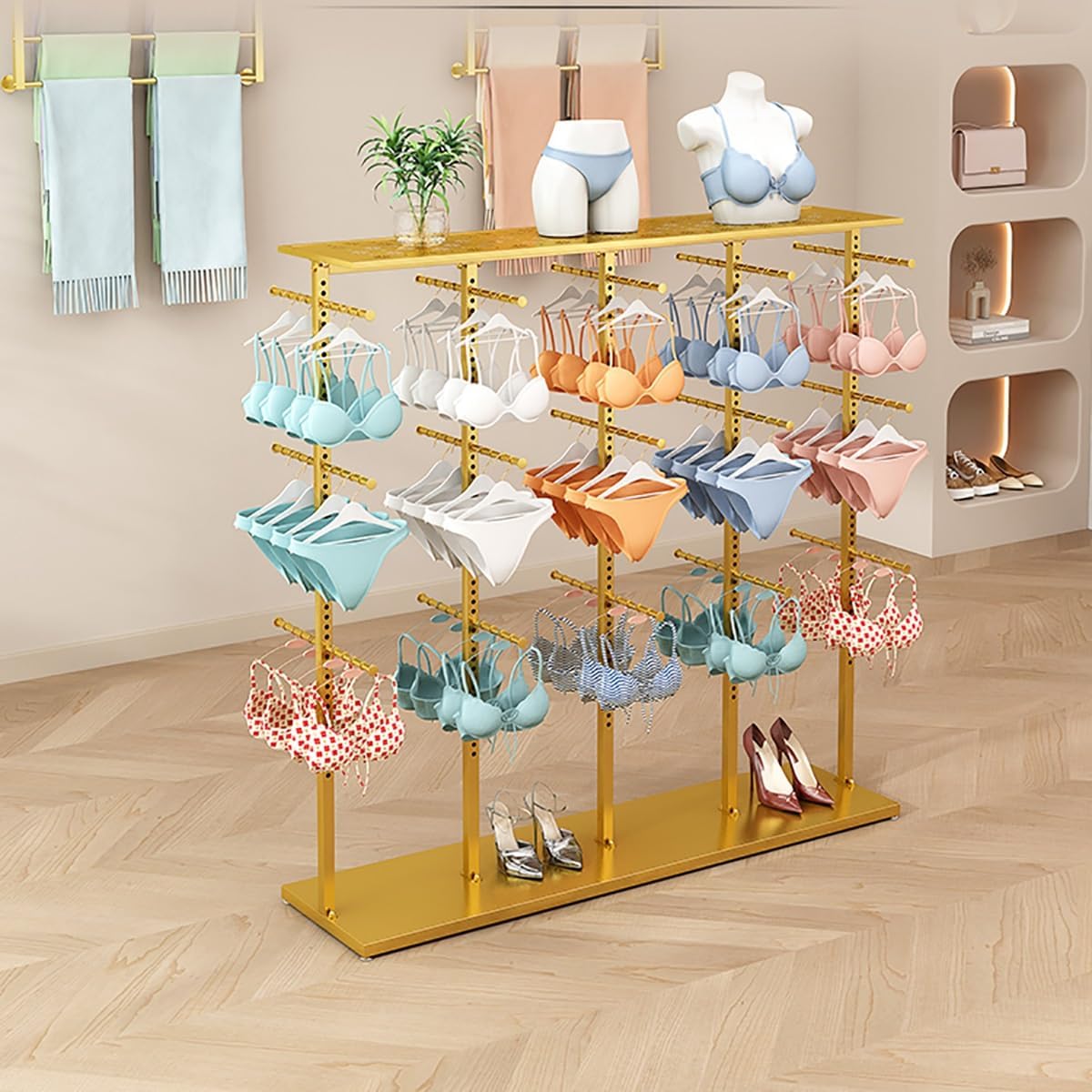 Underwear Display Rack, Coat Rack Stand with Adjustable Shelf Spacing, Freestanding Clothing Store Boutiques Retail Lingerie Garment Racks for Socks Bra Panties(White)