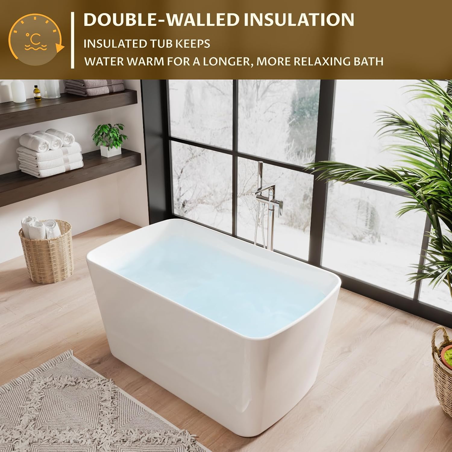 55' Acrylic Freestanding Bathtub - Japanese Square Soaking Tub with Built-in Seat, Toe-Tap Drain & Overflow, Glossy White, Compact Space-Saving Bath for Bathrooms