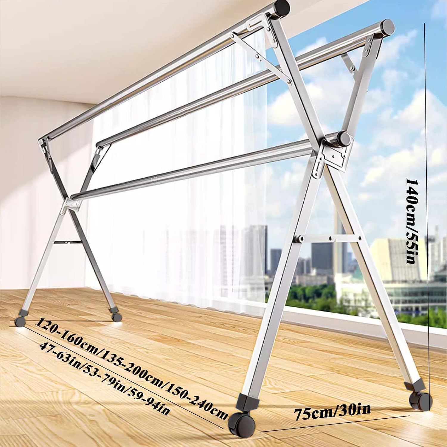 Clothes Drying Rack for Laundry, Stainless Steel Garment Rack, Foldable & Collapsible Laundry Drying Rack, Length Adjustable Space Saving Garment Rack, for Indoor Outdoor