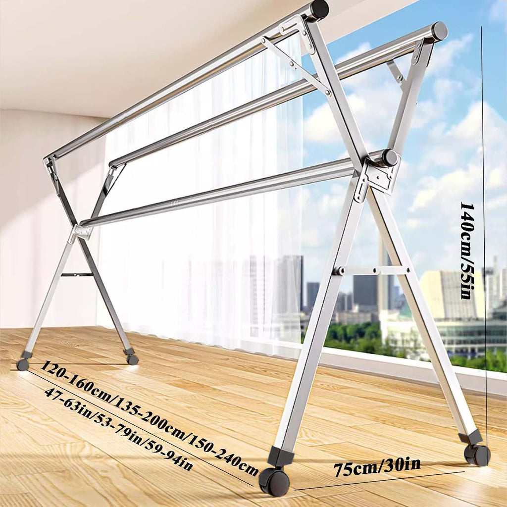Clothes Drying Rack for Laundry, Stainless Steel Garment Rack, Foldable & Collapsible Laundry Drying Rack, Length Adjustable Space Saving Garment Rack, for Indoor Outdoor