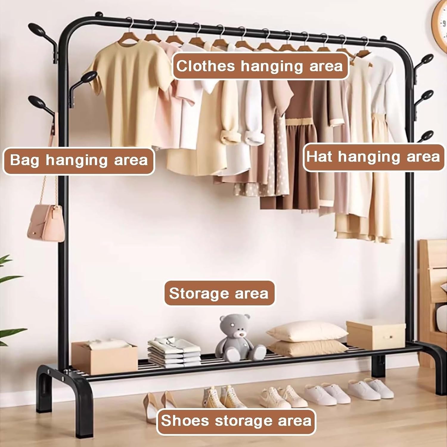 Clothes Rack,Clothing Rack For Hanging Clothes,Metal Garment Rack With Storage Shelf,Free Standing Coat Rack With Hooks,Black(Black,130cm/51.2in)