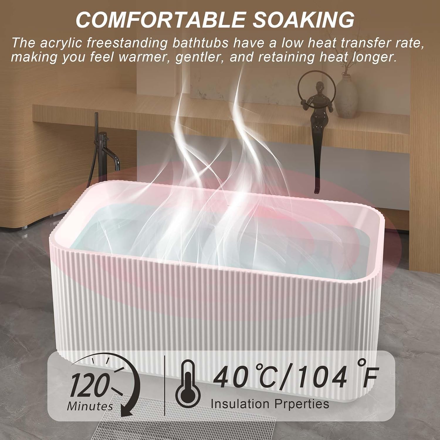59' Acrylic Freestanding Tub, Rectangle Linear Stand Alone Soaking Tubs with Pop-up Chrome Drain, Free Standing Bathtubs with CUPC Certified, White