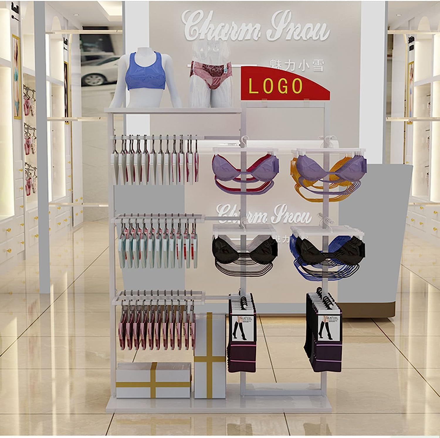 Retail Store Display Rack,Free Standing Garment Rack,Double Sided Coat Hanger,Heavy Duty Metal Underwear,Bra,Shorts and Socks Display Rack,Island Rack with