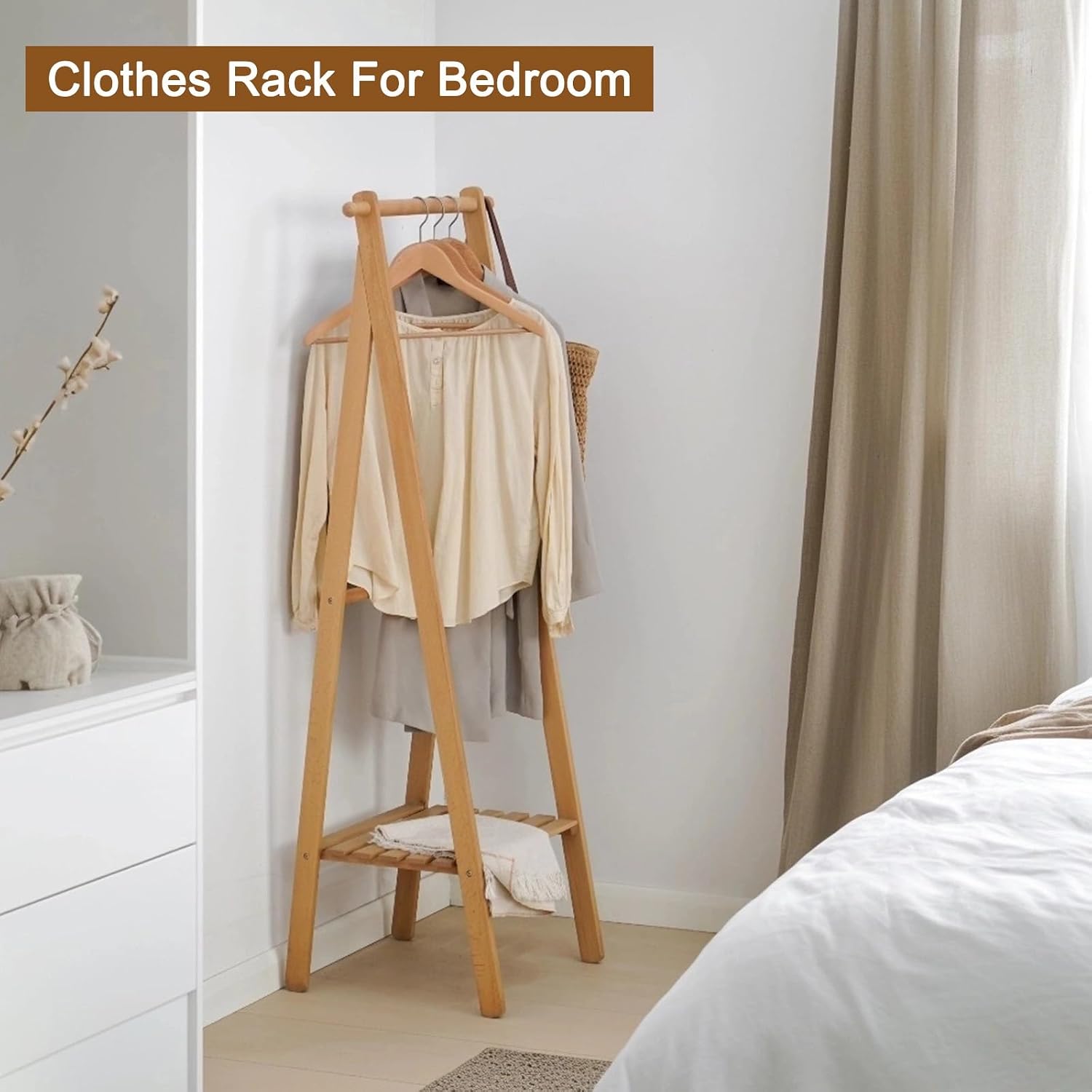 57inch Wood Garment Rack, Heavy-Duty Clothes Rack Load 110lbs Small Freestanding Wardrobe Rack For Bedroom, Bathroom, Entrance, Laundry Room(Burro Ropa+Storage basket)