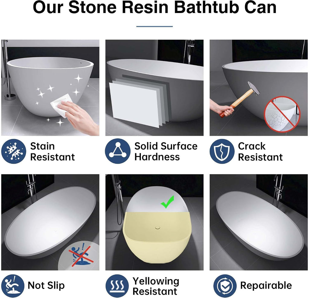Tubcraft 71' Stone Resin Freestanding Bathtub, Modern Solid Surface Luxury Stand Alone Soaking Tub with Pop-up Drain and Overflow, Matte White,303MW1800