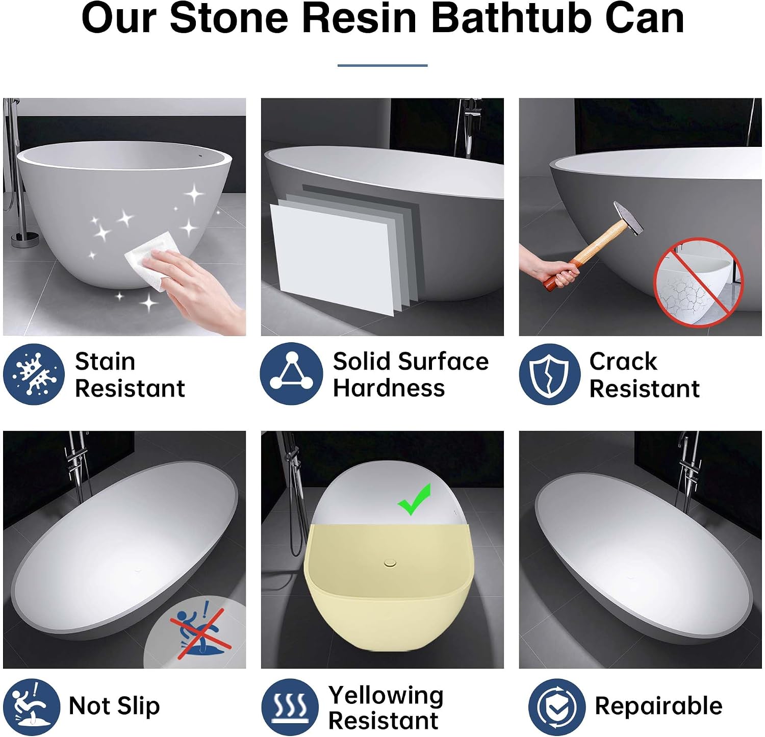 Tubcraft 71' Stone Resin Freestanding Bathtub, Modern Solid Surface Luxury Stand Alone Soaking Tub with Pop-up Drain and Overflow, Matte White,303MW1800