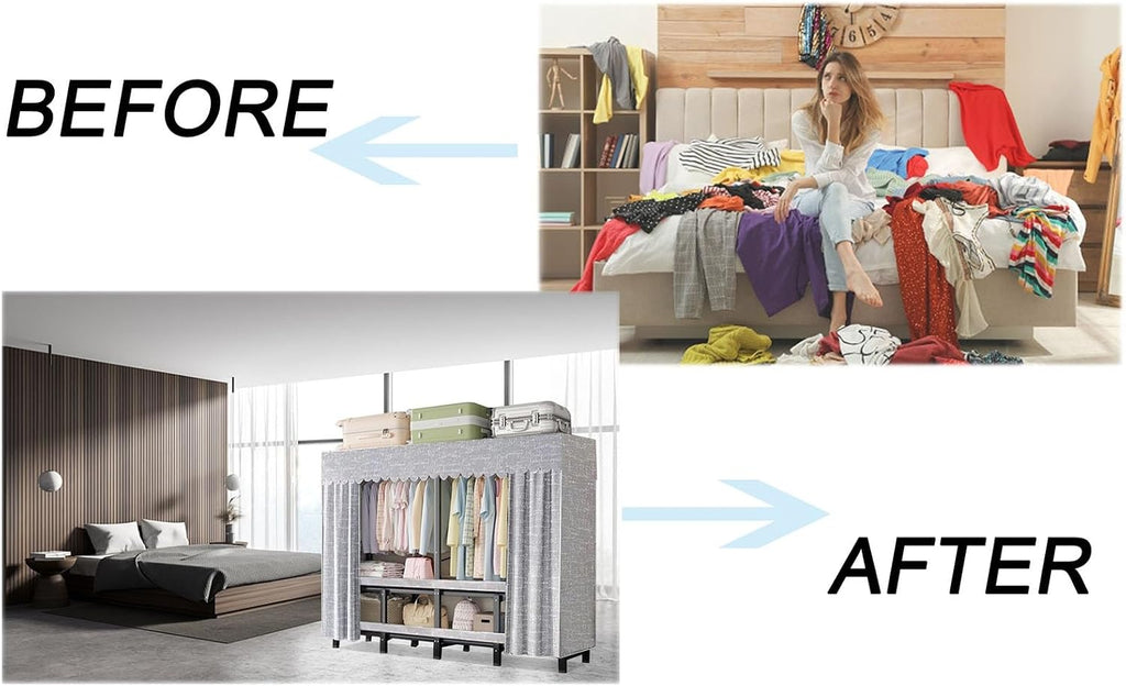 Heavy Duty Garment Shelf with Fabric Cover, Portable Foldable Wardrobe Closet Rack, Freestanding Armoires Clothes Storage Organizer Shelves with 2 Hanging Rods, Load 2000 Lbs(190cm/74.8in)