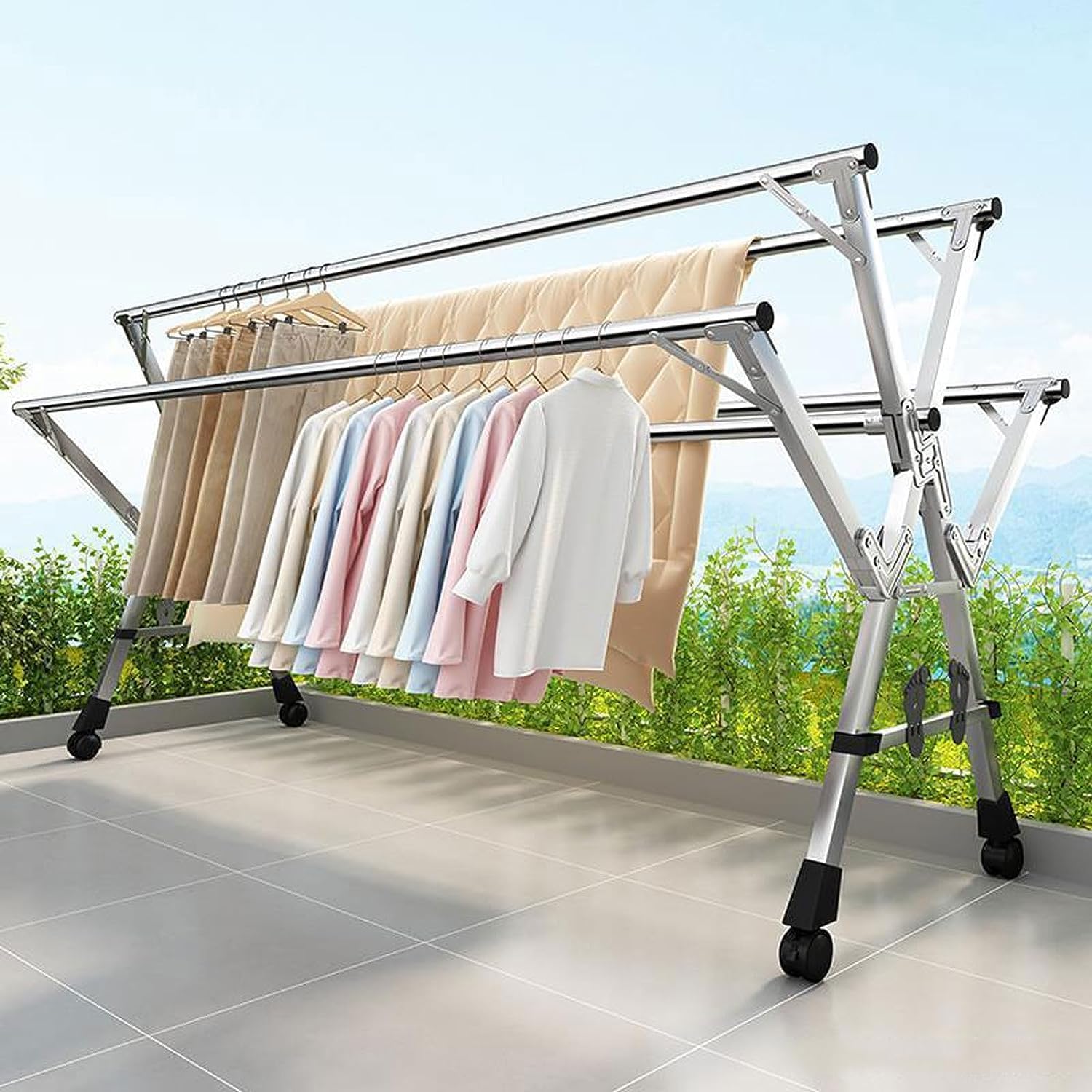 Laundry Drying Rack Floor Folding Indoor Adjustable Clothes Drying Rack Collapsible Laundry Heavy Duty Space-Saving Garment Balcony Bedroom(150cm)