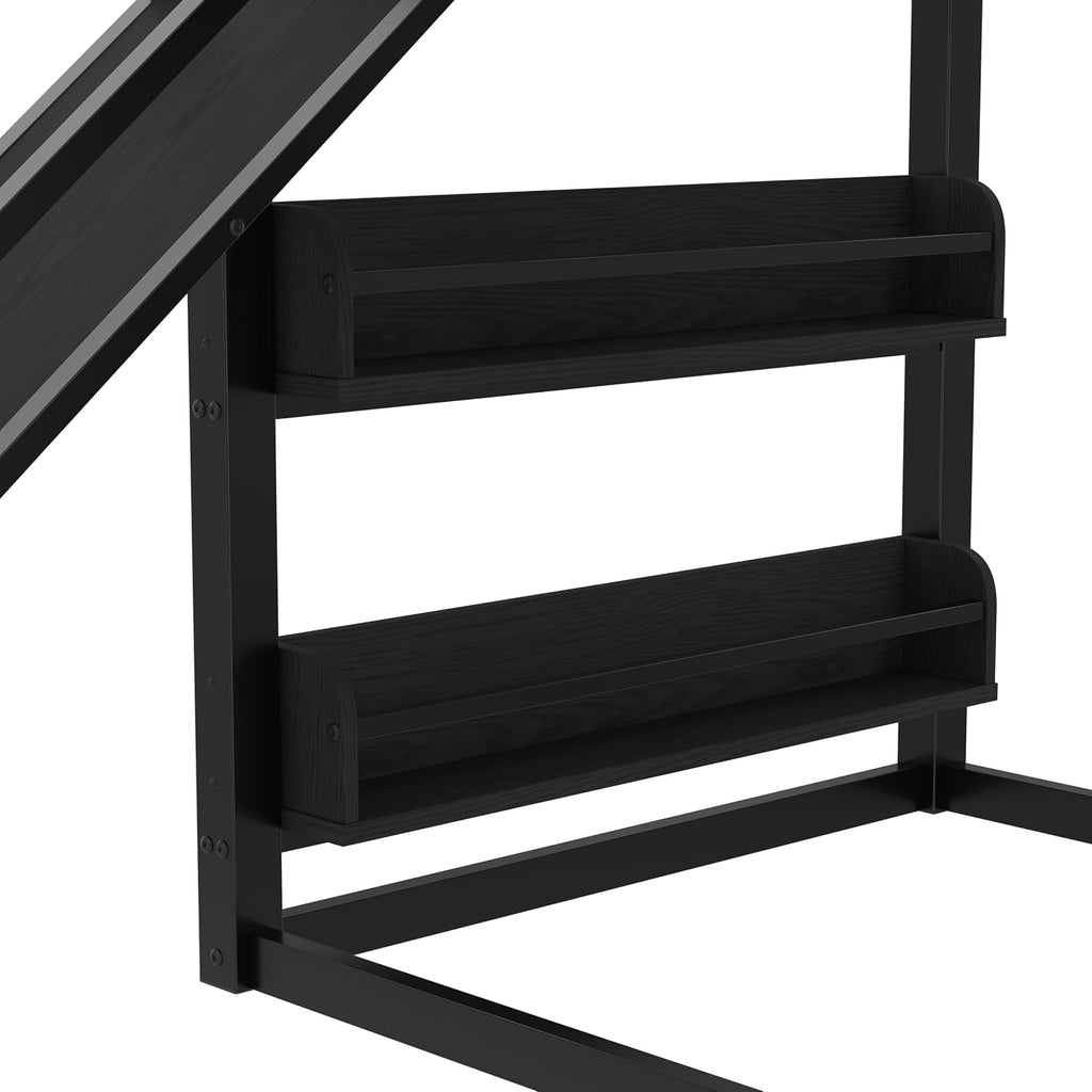 Multifunction Kids Loft Bed with Basketball Hoop, Slide, Pull-up Rings and Climbing Wall, Twin Metal Bunk Bed with Basketball Hoop, Pull-Up rings, Climbing Wall, and Built-in Bookshelves, Black