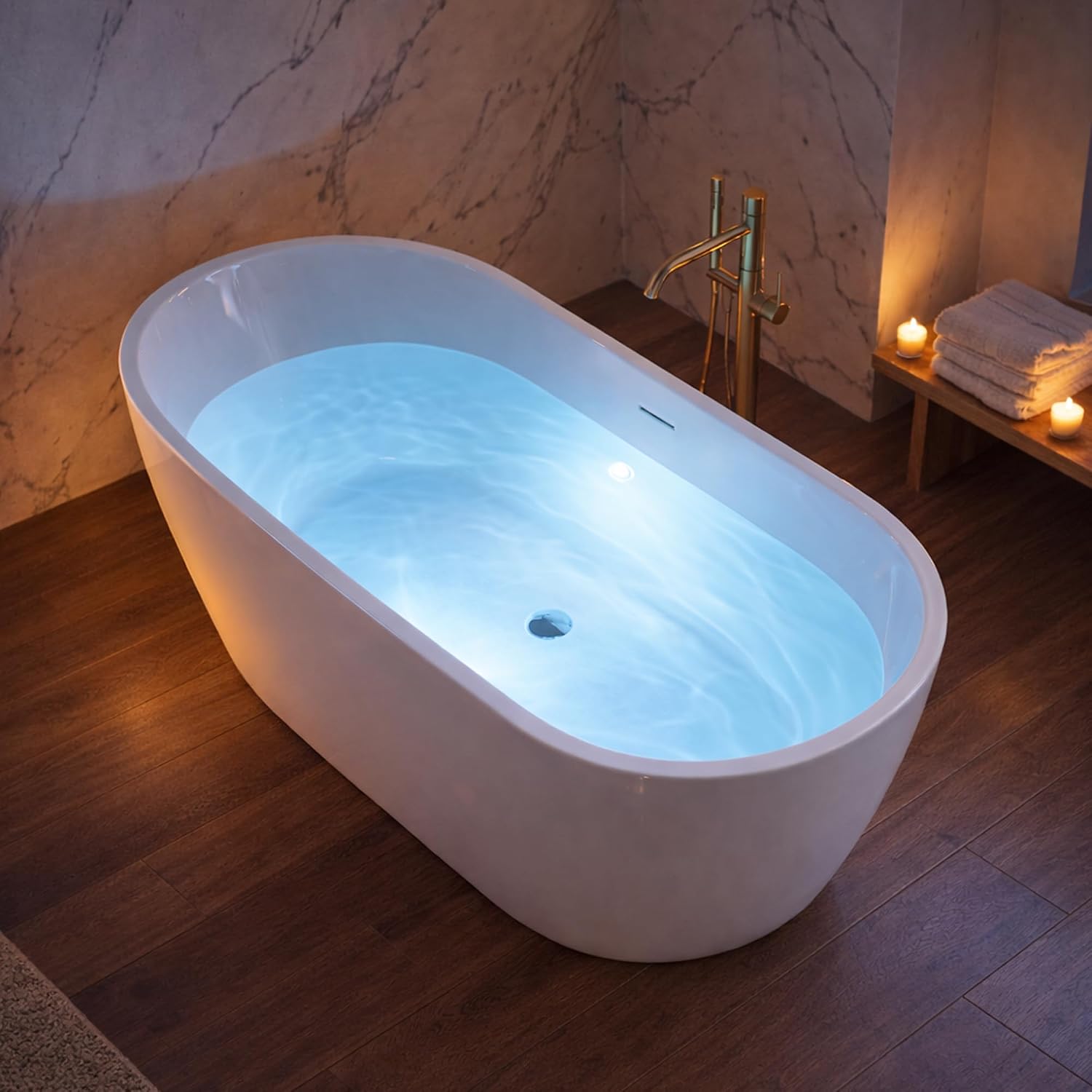 ANZZI 67 In Freestanding Acrylic Bathtub Flat Bottom Soaking Tub White Gloss Finish Integrated Overflow Modern Bathroom Mone Series 66.5 x 29.1 x 22.4 In Capacity 63.4 Gal | AMZFT903-67
