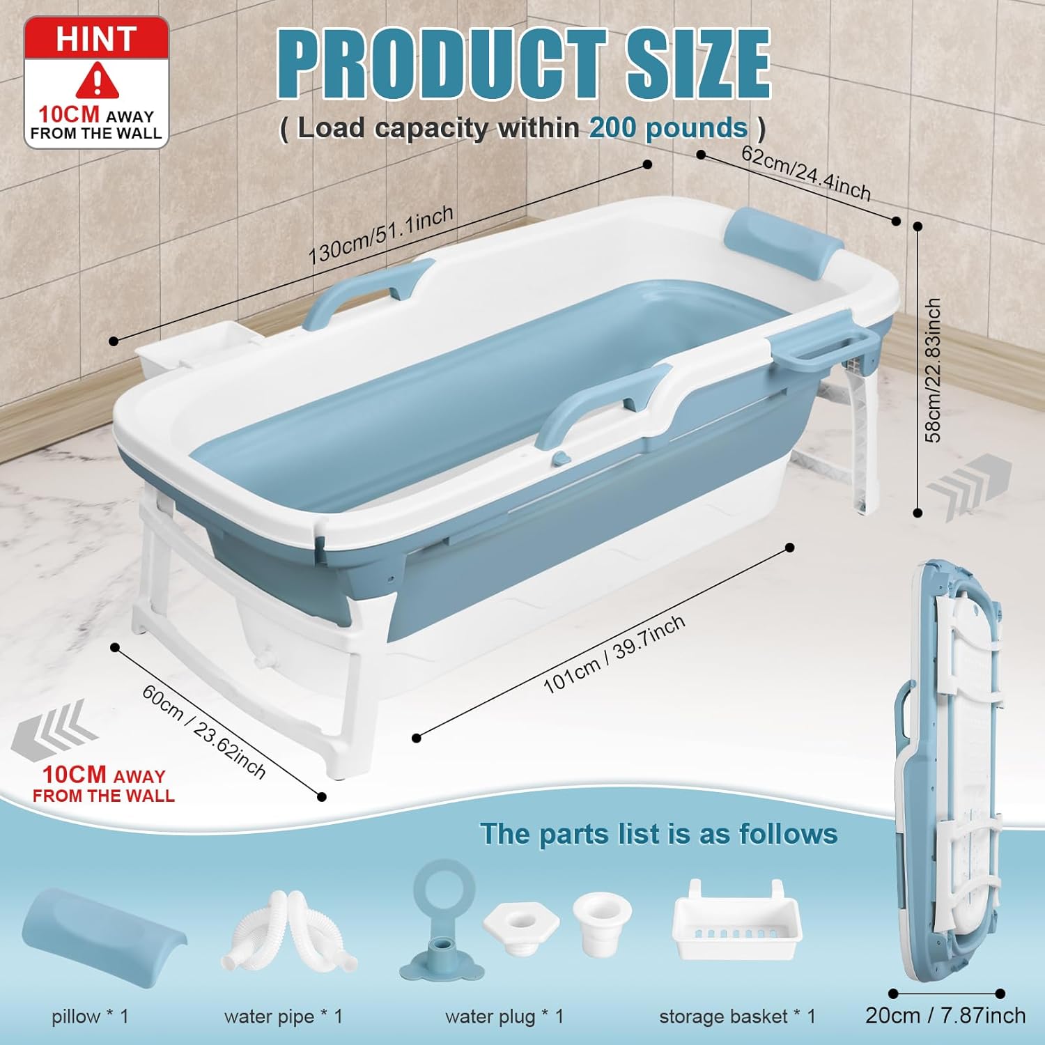 51 Inch Foldable Bathtub for Adults, Large Portable Tub for Shower, Effortless Collapsible Bathtub Adult for Spacious Bathrooms & Outdoor Use, Ideal for Ice Baths & Hot Baths (Blue, 51 Inch)