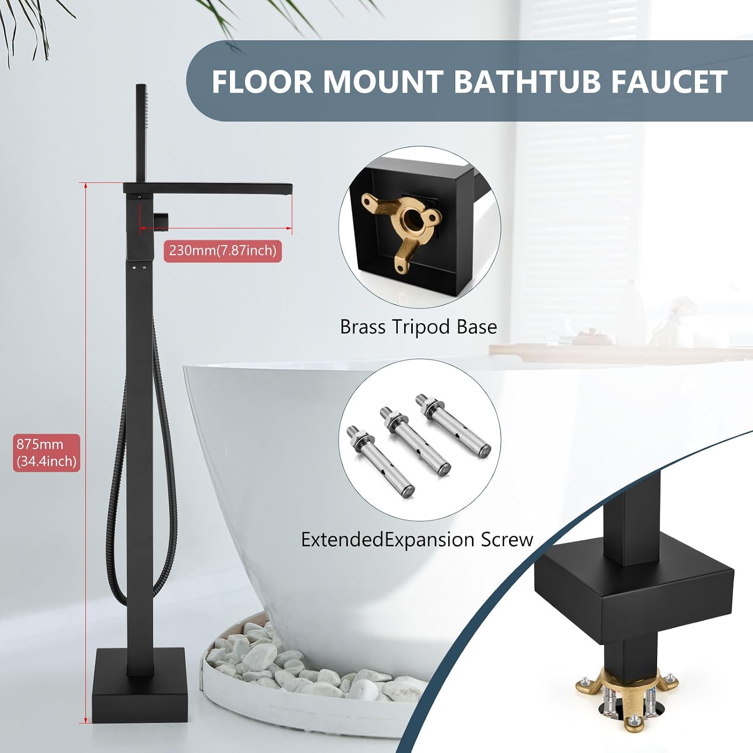 Aolemi Freestanding Bathtub Faucet Floor Mount Tub Filler with Handheld Spray Single Handle Free Standing Bathroom Faucets Swivel Flat Waterfall Spout Matte Black