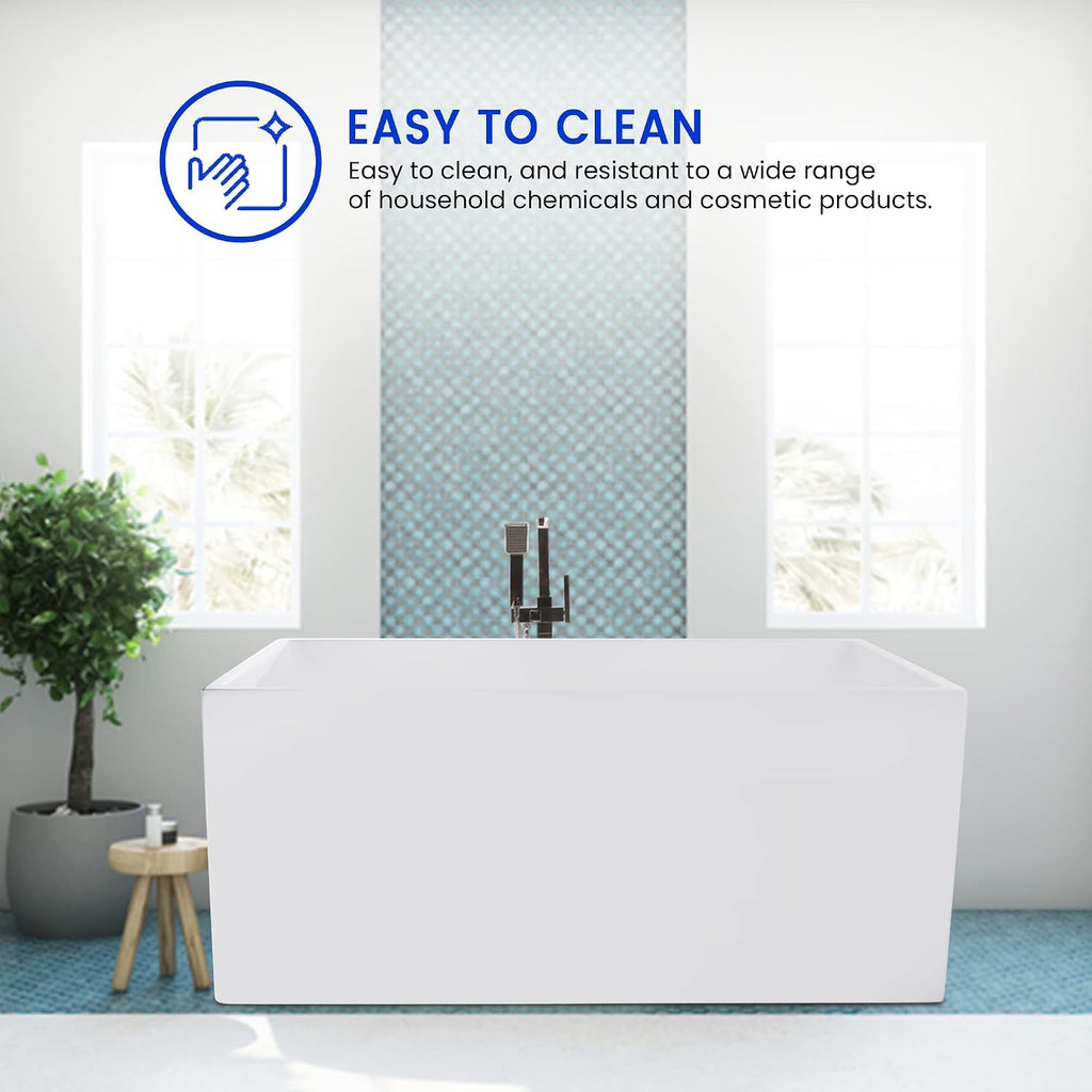 Vanity Art 55 x 29 Inch White Acrylic Freestanding Bathtub | Contemporary Design Soaking Tub with Pop-up Drain and Slotted Overflow Included, UPC Certified VA6816B-M-PW