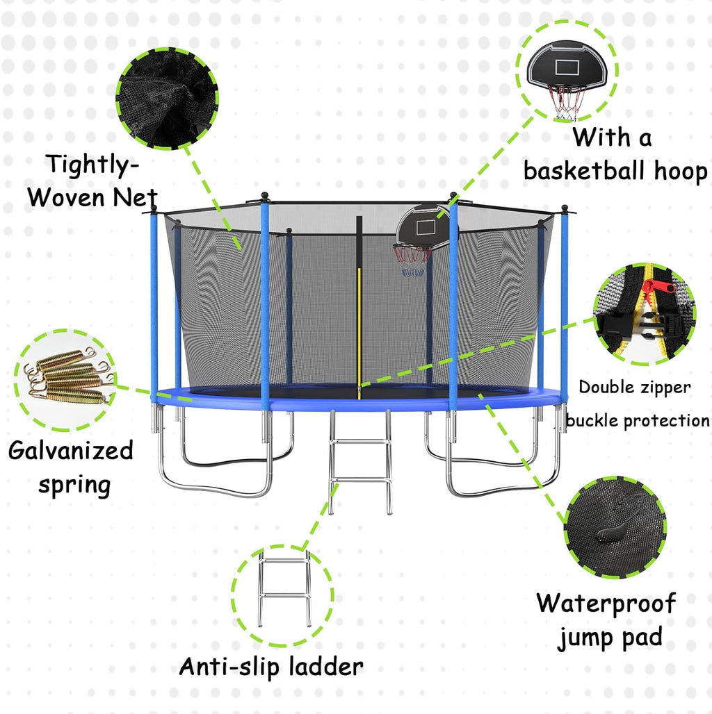 Tranpoline 10FT 12FT 14FT 16FT Tranpoline for Kids with Safety Enclosure Net Recreational Tranpoline for Adults ASTM Approval Backyard Outdoor Tranpoline with Basketball Hoop