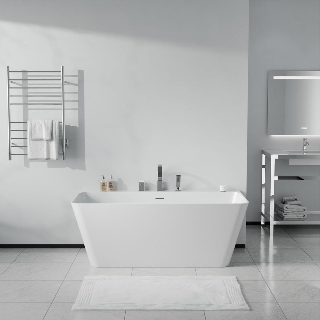 Vault Series 59 in. x 30 in. Flat Bottom Acrylic Freestanding Soaking Bathtub with Center Drain, Chrome Faucet