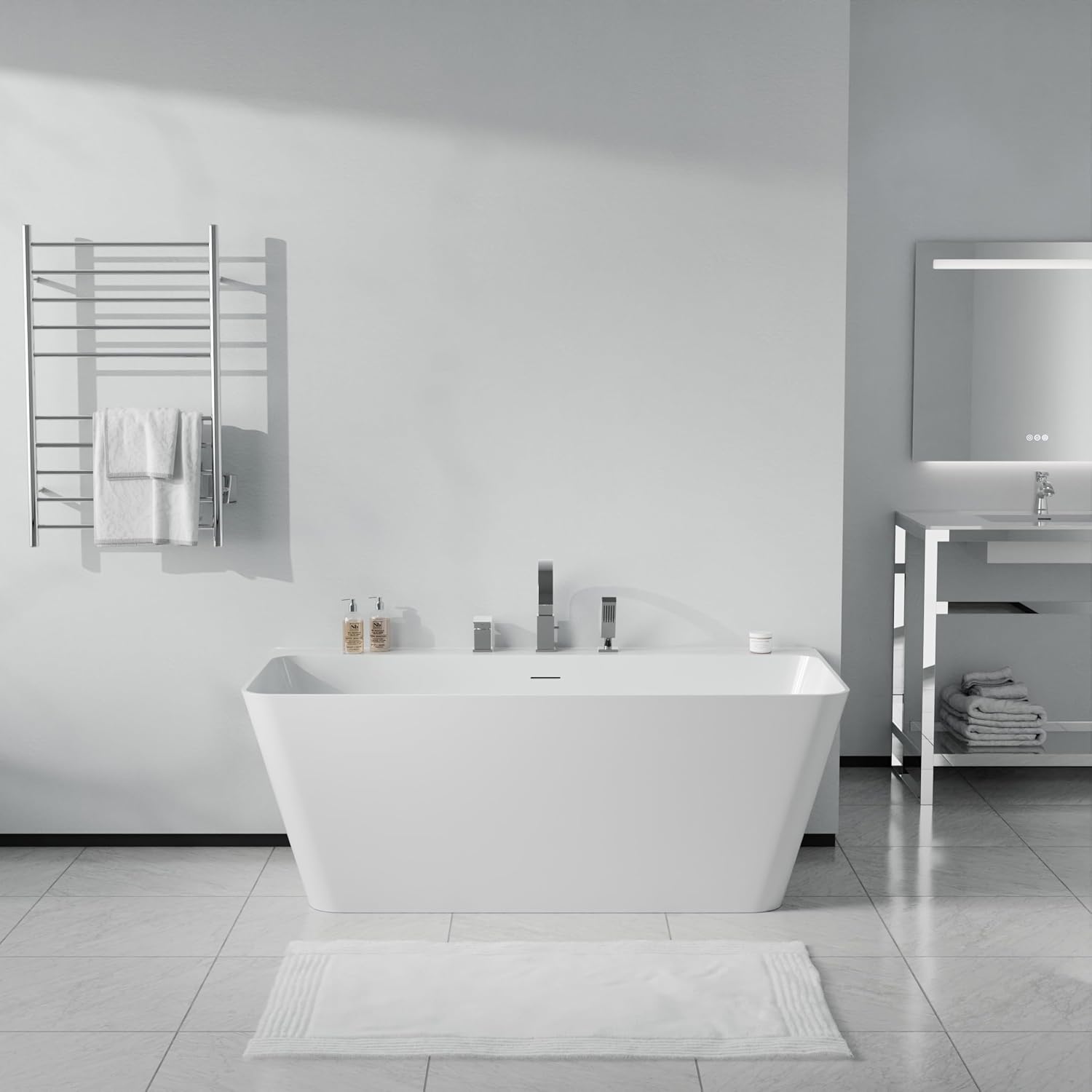 Vault Series 67 in. x 32 in. Flat Bottom Acrylic Freestanding Soaking Bathtub with Center Drain, Chrome Faucet