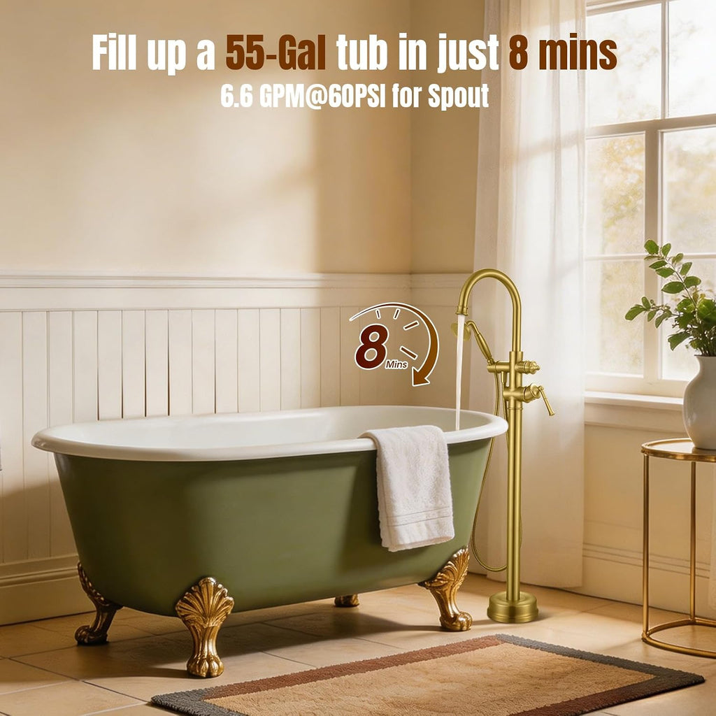 Free Standing Tub Faucet, Antique, Brushed Gold (B2311-BG) | H59-1 Premium Solid Brass, High Flow 6.6 GPM, Elegant & Vintage Styling