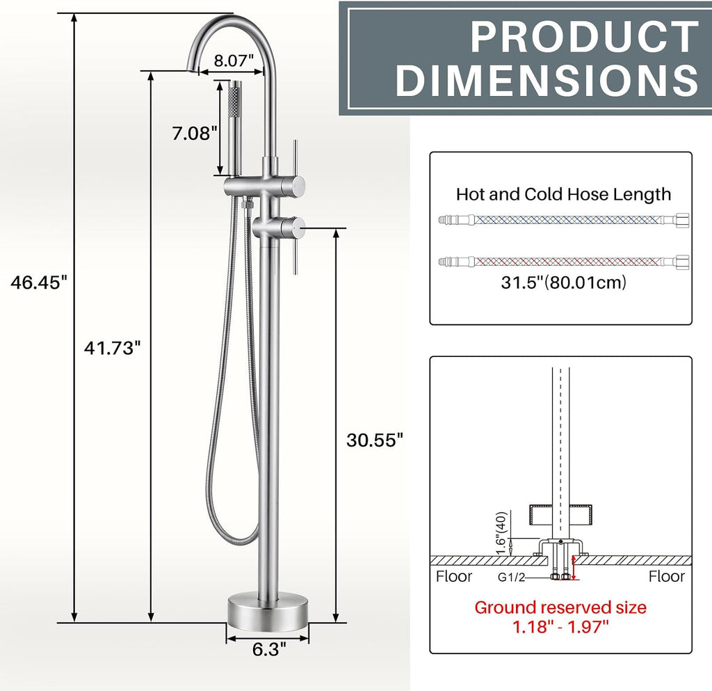 Freestanding Tub Filler Faucet, Floor Mount Brushed Nickel Bathtub Faucet with Single Handheld Shower, Brass Shower Tub Faucet Set Complete, Bathtub Faucet with Shower