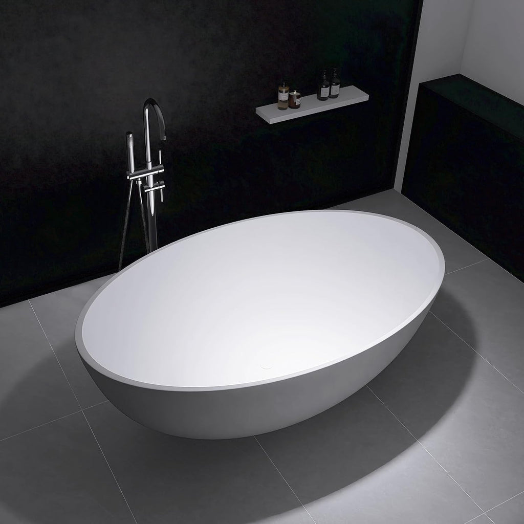 67' x 39' Freestanding Solid Surface Resin Stone Bathtub, Modern Design Stand Alone Tub with Pop Up Drain and Overflow, Matte White 301MW1700
