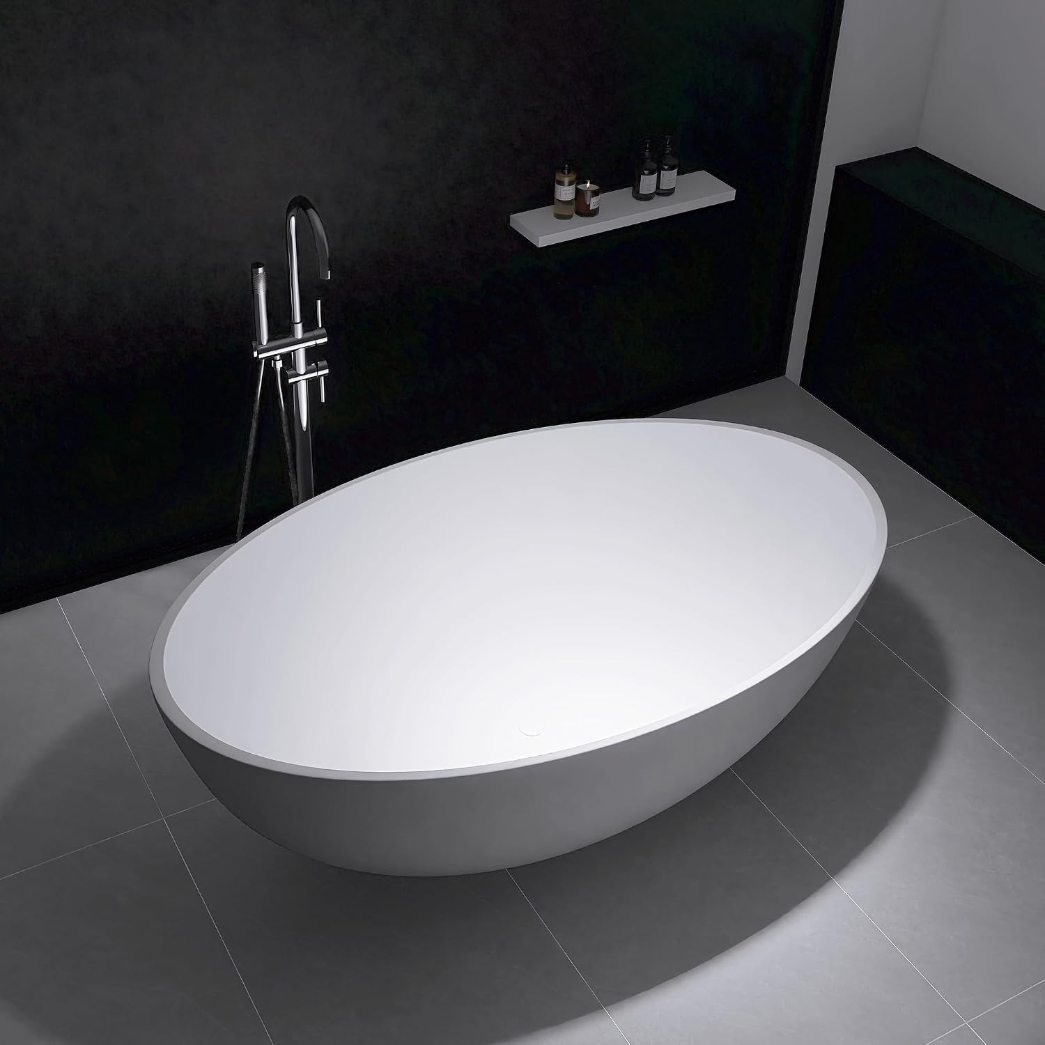 67' x 39' Freestanding Solid Surface Resin Stone Bathtub, Modern Design Stand Alone Tub with Pop Up Drain and Overflow, Matte White 301MW1700