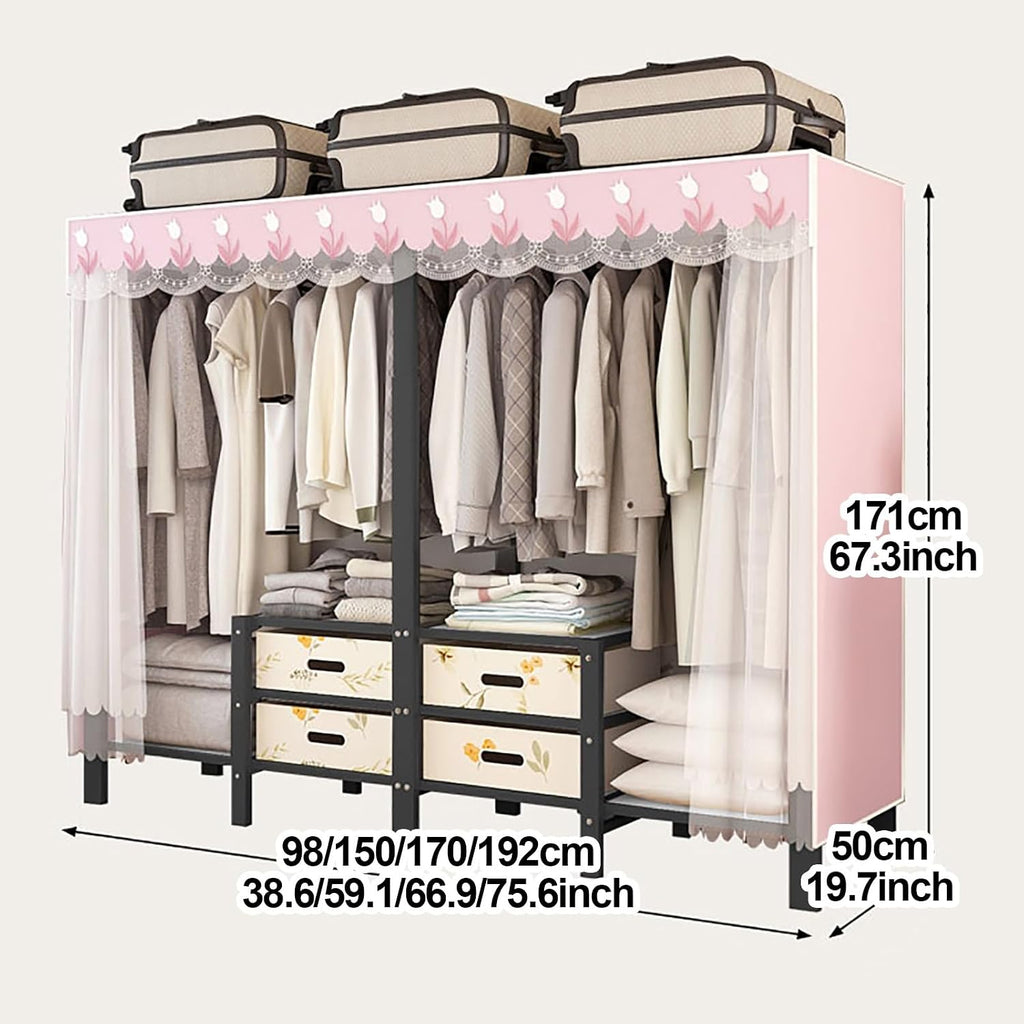 Foldable Portable Wardrobe Closet with Cover, Metal Garment Rack, Clothing Rack for Hanging Clothes, One-Piece Folding Base, Coat Storage for Bedroom(Blue1,192cm/75.6inch)