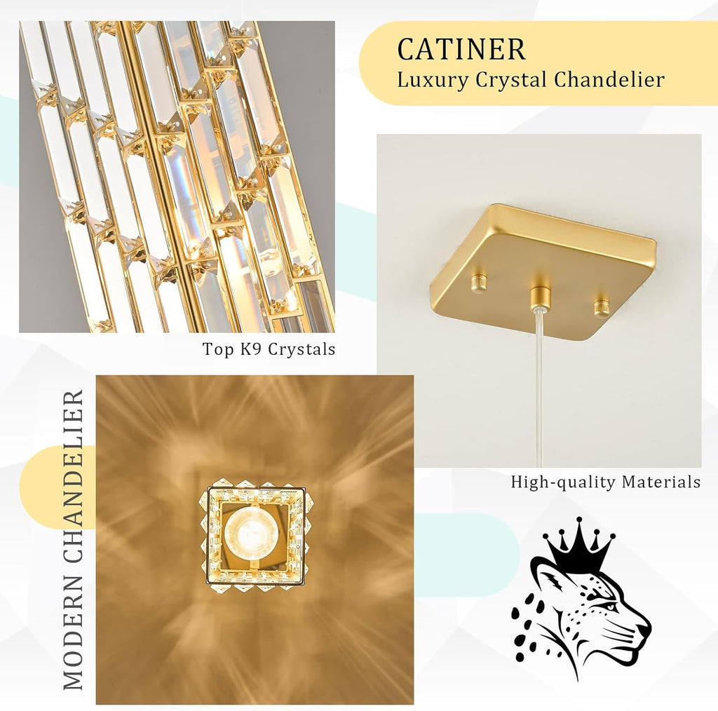 CATINER Gold Crystal Pendant Light 3 Pack, Mini Hanging Pendant Lighting Fixture with Adjustable Cord, Modern Gold Kitchen Island Pendant Lights for Dining Room, Bedroom, Hallway, E26 Base